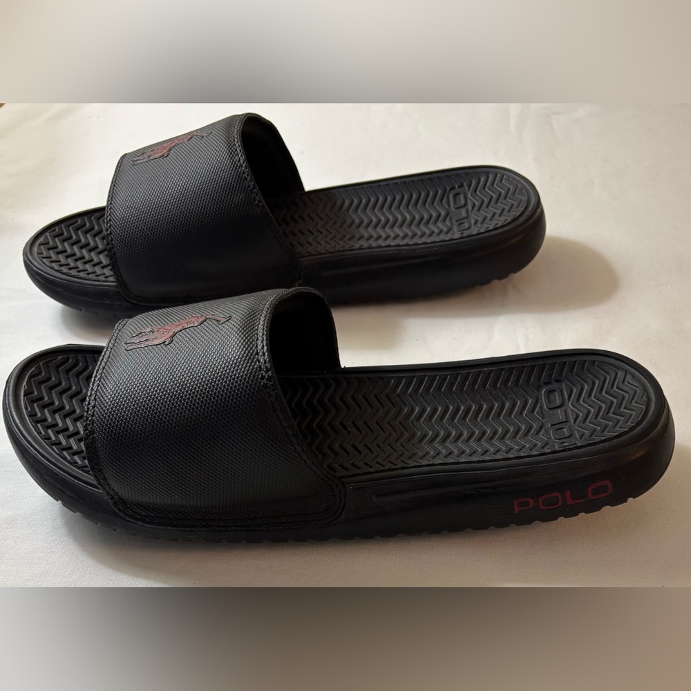 Men’s Polo by Ralph Lauren Rodwell, Black Slides with Red Logo, Size 9 NWT - Picture 3 of 3